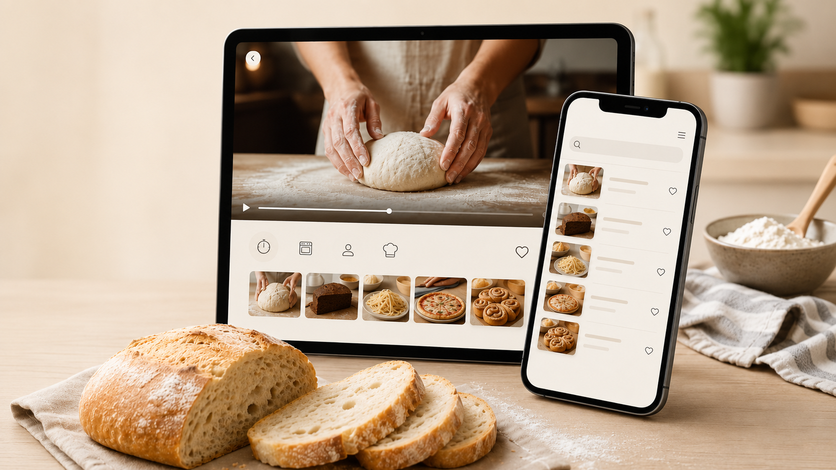 De cursus-app op tablet en telefoon